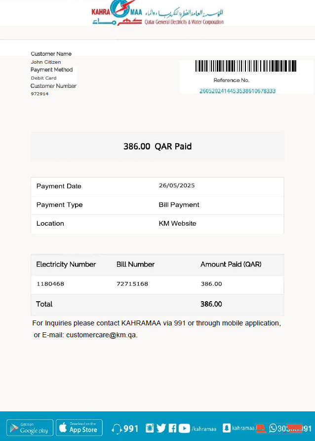 Qatar Kahramaa utility bill template in Word and PDF formats